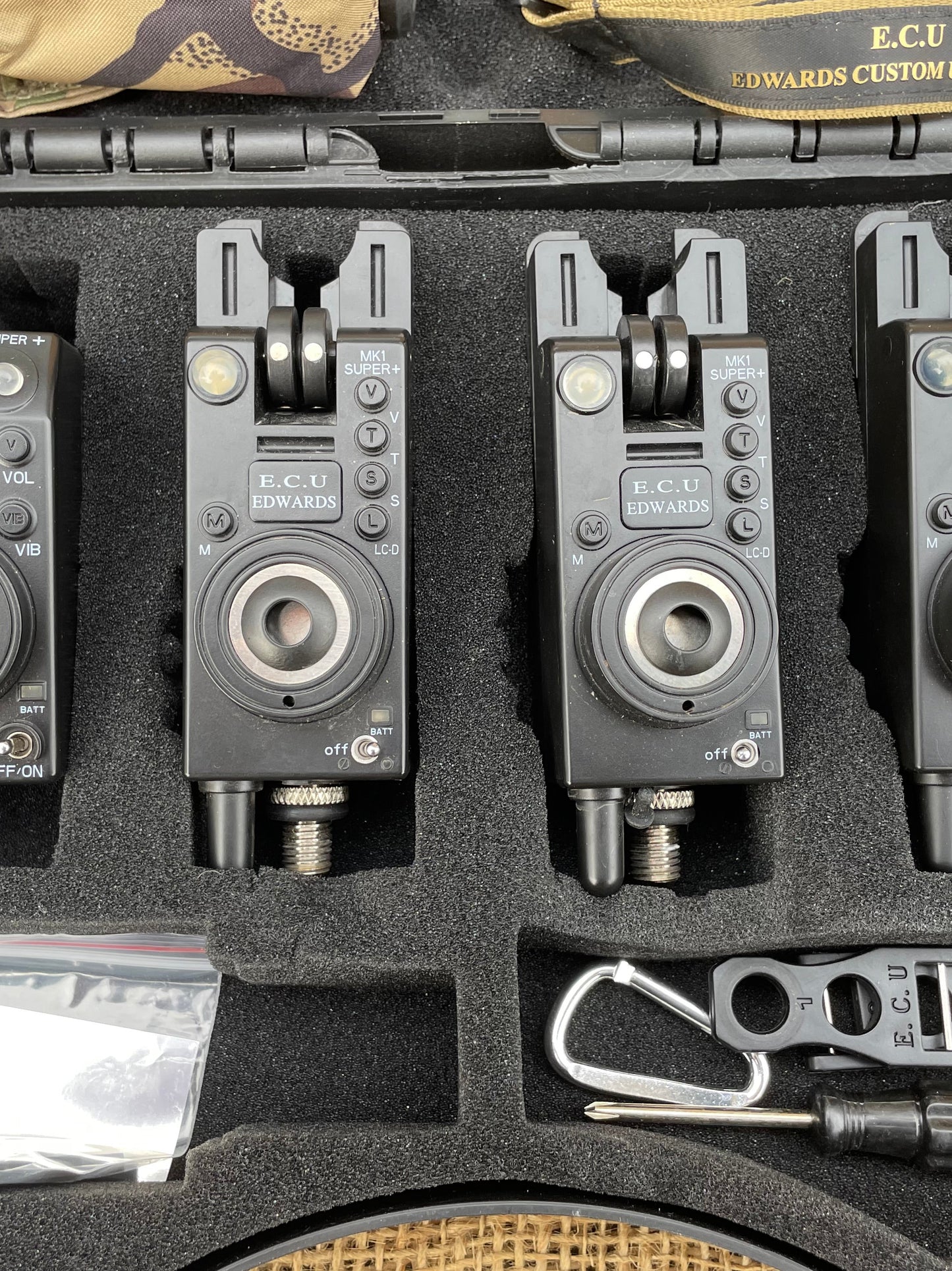 3 x Edwards Custom Upgrades MK1 Super+ Carp Fishing Bite Alarms. With Receiver. Excellent.