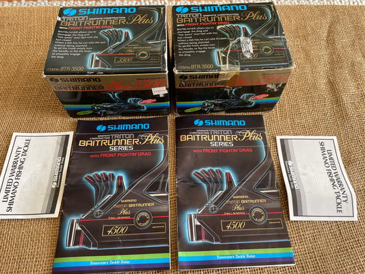 2 x Shimano Triton Baitrunner Plus 3500 Old School Carp Fishing Reels. 1980s.