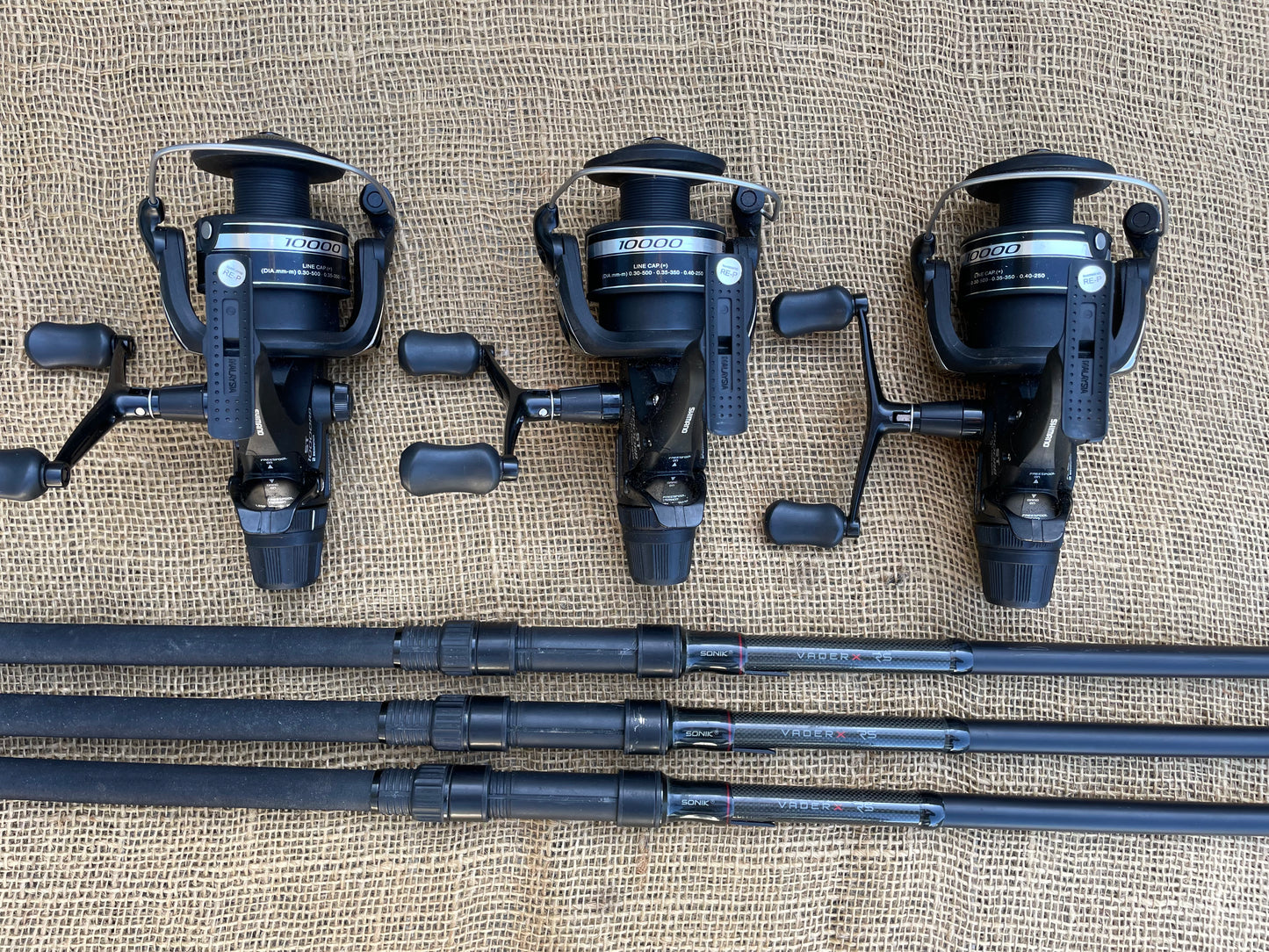 3 x Rod/Reel Combo. Sonic Vader X RS Rods & Shimano 10000RB ST Baitrunner Reels.