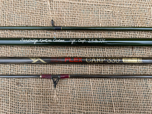 2 x Silstar Dia Flex & Sundridge Kortina Old School Carbon Carp Fishing Rods. 11’. 1990s.