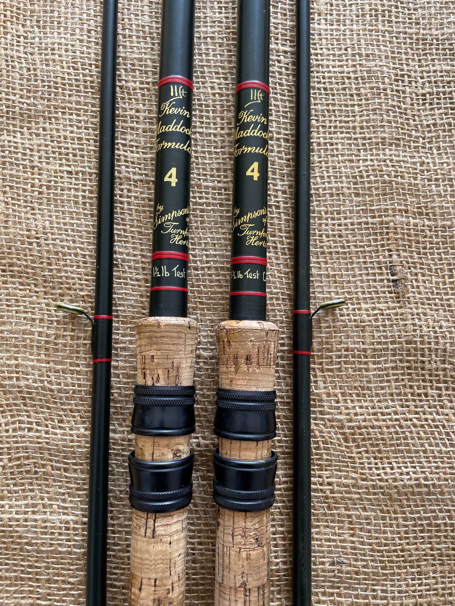 2 x Simpson’s Of Turnford Kevin Maddocks 4 Vintage Old School Carp Fishing Rods. 11’. 1.5lb T/C.