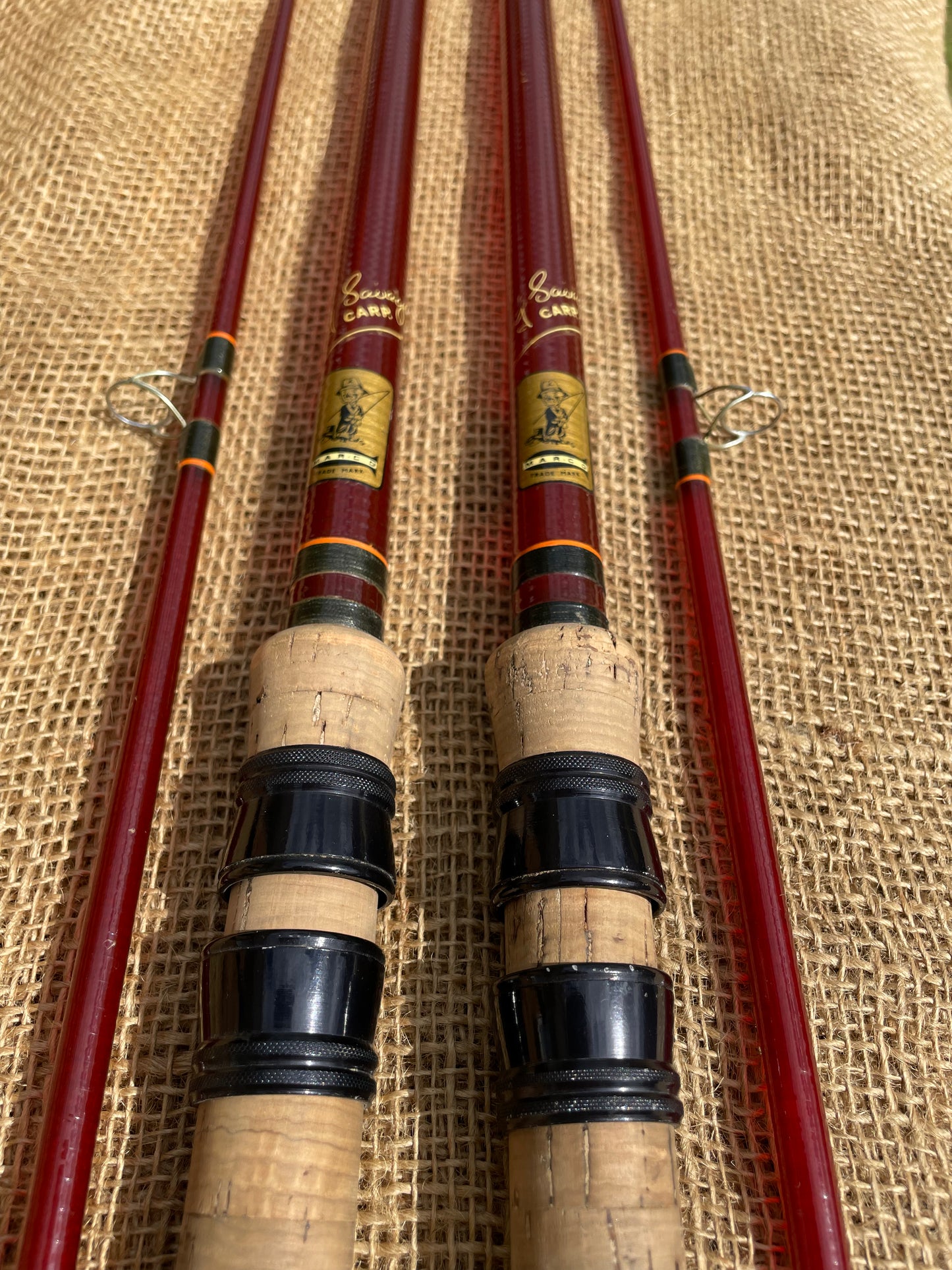 2 x Marco Gerry Savage 11’ Red Glass Vintage Old School Carp Fishing Rods.