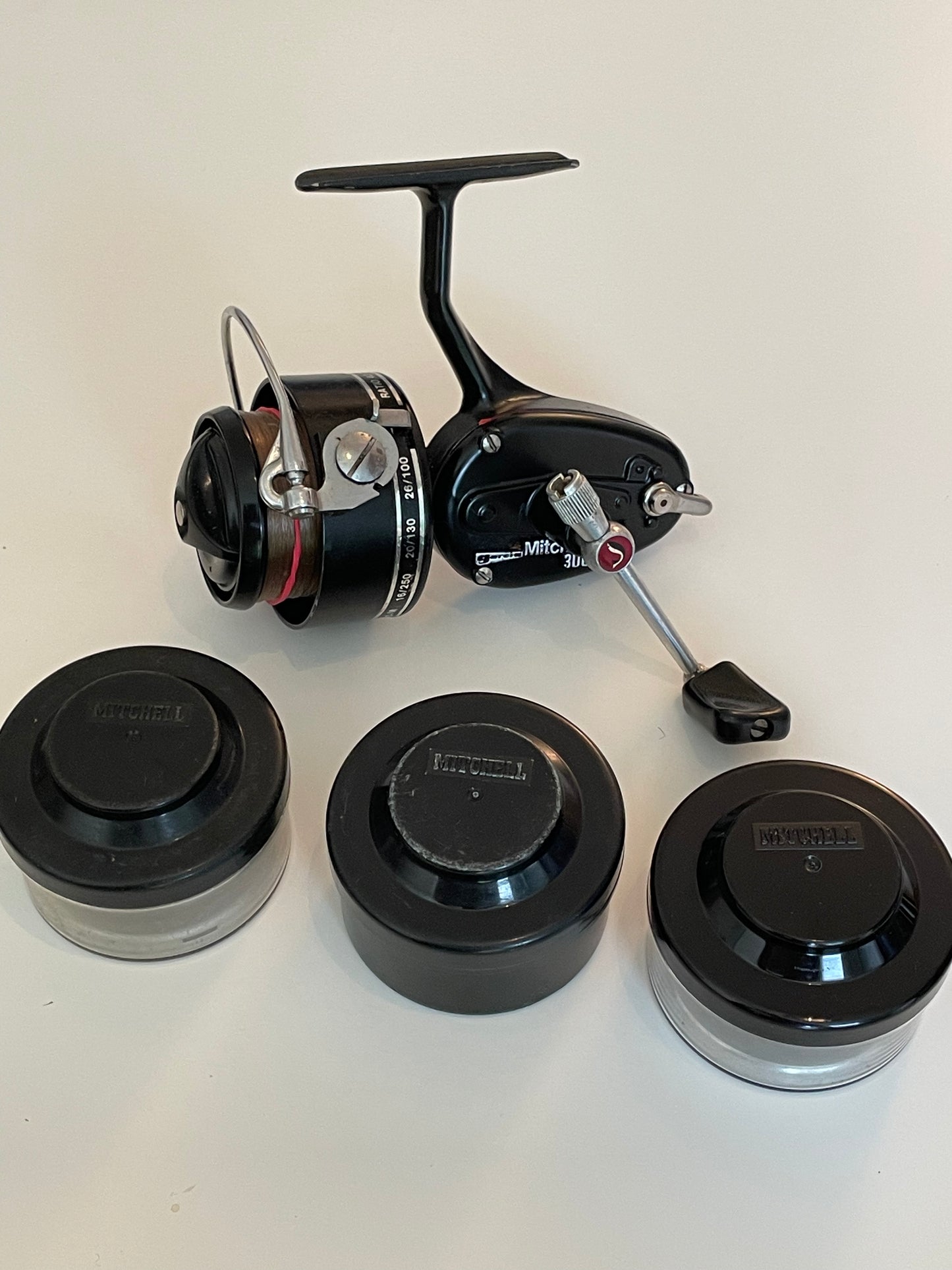 1 x Vintage Mitchell 300A Carp Fishing Reel + 3 Spare Spools. VGC.