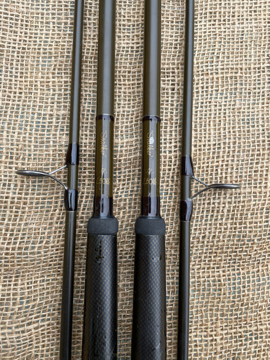 2 x Fox 9’ Stalker Carp Fishing Rods. 2pce. 2.5lb T/C. Old School. 1990s.