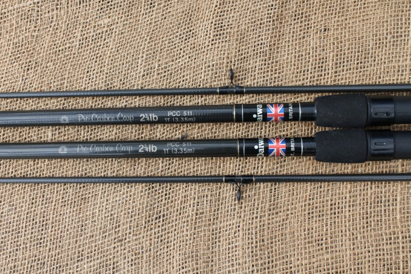 2 x Daiwa Pro Carbon Carp Old School Carp Fishing Rods. 11'. 2.75lb T/C. Classic Old School. 1990s.