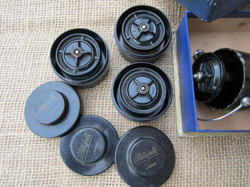 Vintage Mitchell (Pre-300) carp Fishing Reel, With Makers Box And 3 Spare Spools.