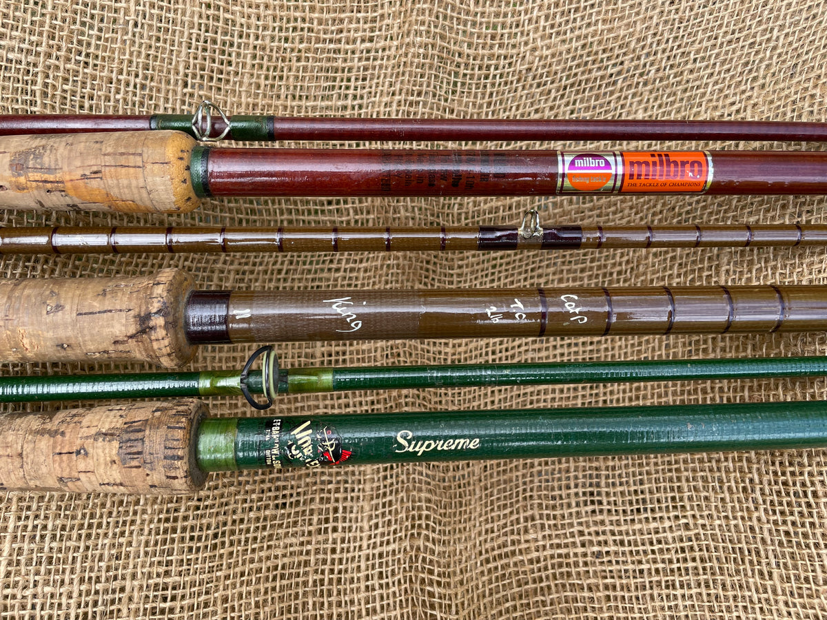 3 x Vintage Glass Carp Fishing Rods. Milbro. Vortex. Carp King. 1970s.