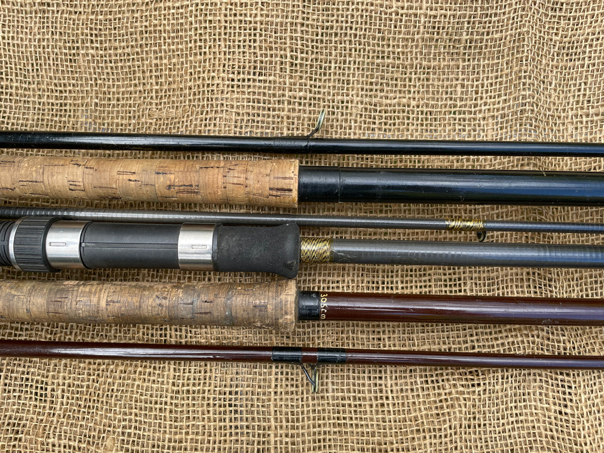 3 x Vintage Glass And Carbon Carp Fishing Rods. Hardy, North Western, Cono Flex. 1970s.