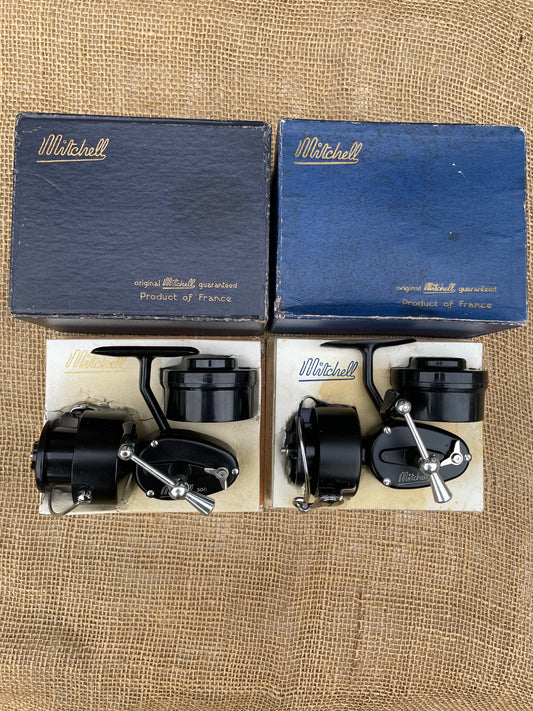 2 x Vintage Mitchell 300 Fishing Reels. Boxed. Excellent. Circa Late 1950s.