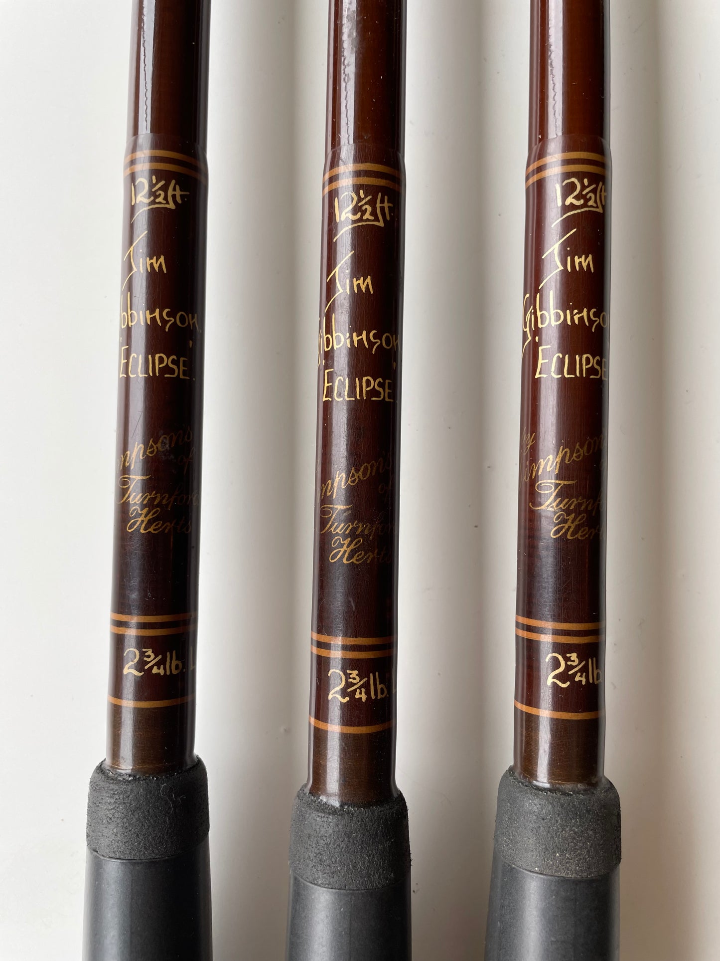 3 x Simpson’s Of Turnford Jim Gibbinson Eclipse 12’ 6” 2.75lb Long Range Old School Carp Fishing Rods. 1990s.