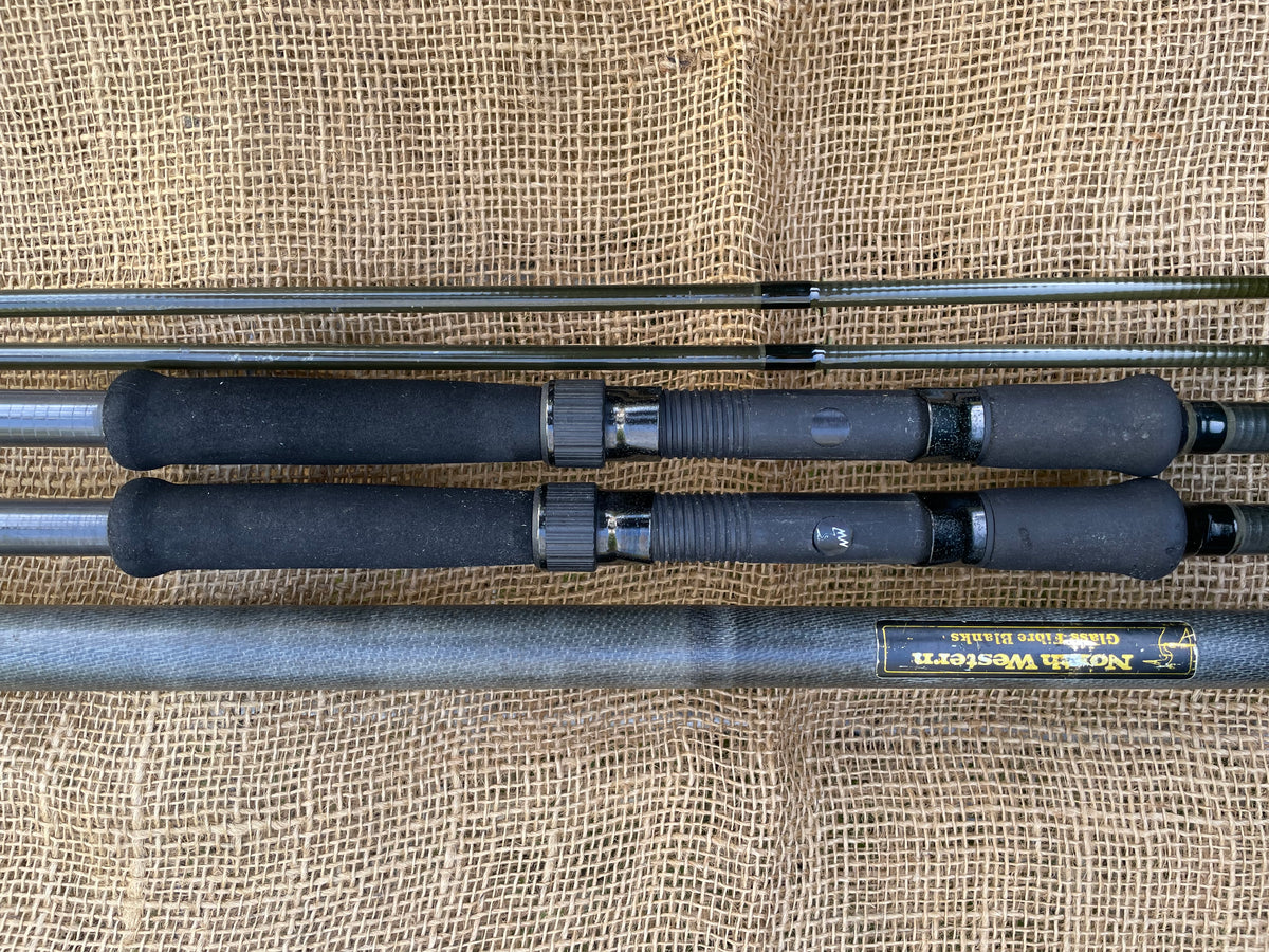 2 x North Western Rodcraft Carbon Kevlar 12’ Old School Carp Fishing Rods. NW Net Handler Kevin Nash Deluxe Rod Hold-all.