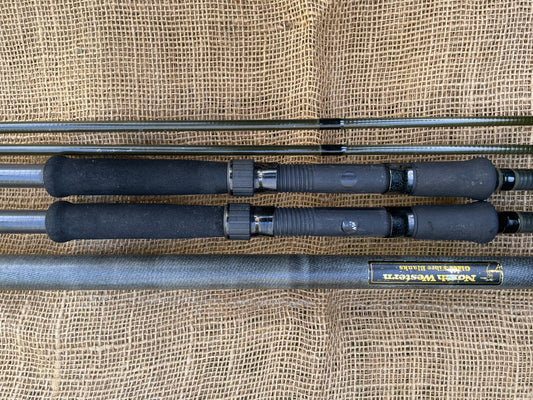 2 x North Western Rodcraft Carbon Kevlar 12’ Old School Carp Fishing Rods. NW Net Handle Kevin Nash Deluxe Rod Hold-all.
