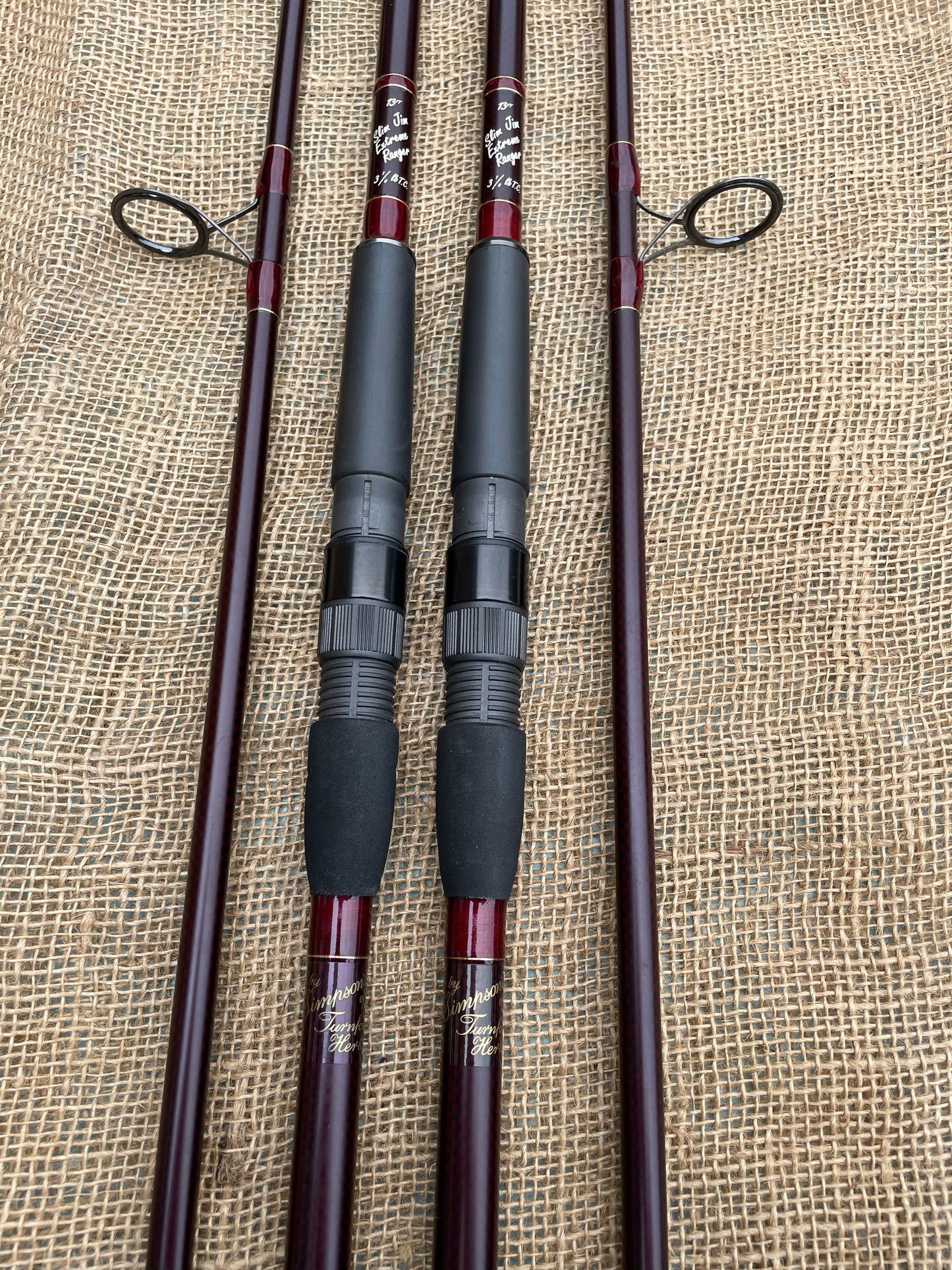 2 x Simpson’s Of Turnford Slim Jim Extreme Ranger Old School Carp Fishing Rods. 13’. 3.25lb T/C. 1990s.