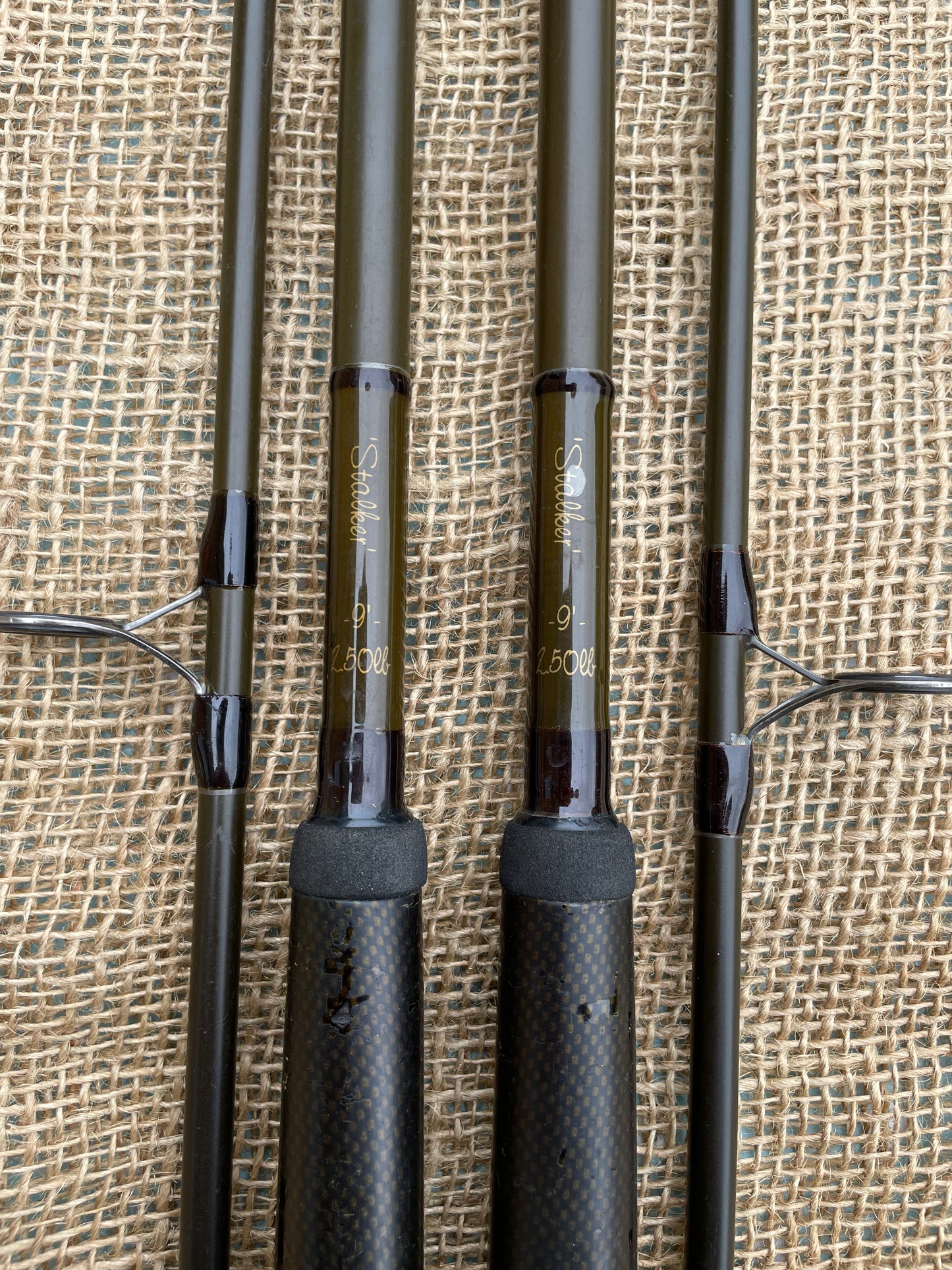 2 x Fox 9’ Stalker Carp Fishing Rods. 2pce. 2.5lb T/C. Old School. 1990s.