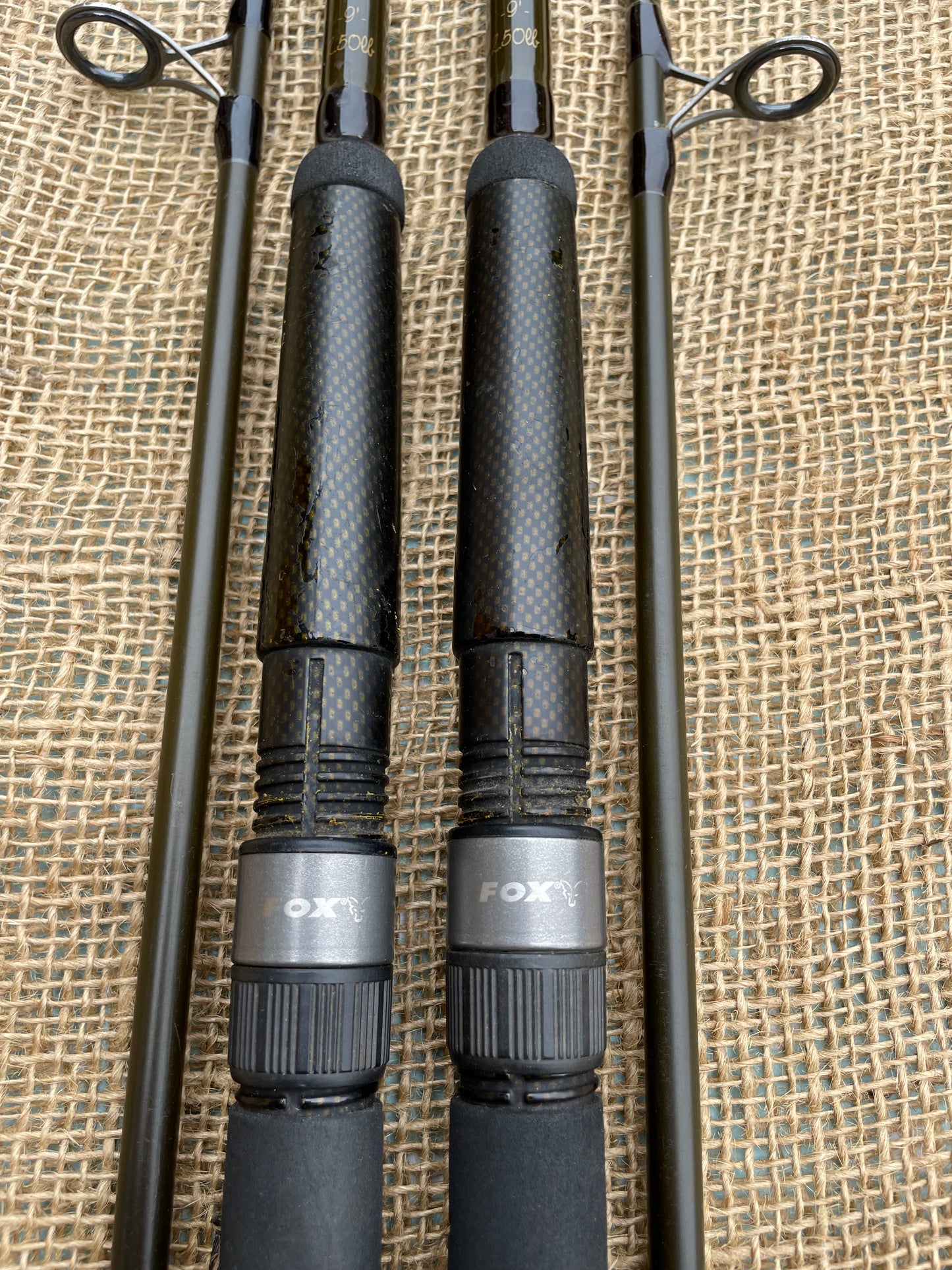 2 x Fox 9’ Stalker Carp Fishing Rods. 2pce. 2.5lb T/C. Old School. 1990s.
