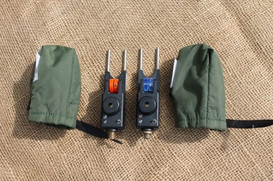 2 x Steve Neville Carp Fishing Bite Alarms With JAG Stainless Snag Ears And Neville Pouches.