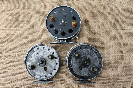 3 x Vintage Centrepin Reel Collection. Youngs, Allcock, Speedia Wide Drum.