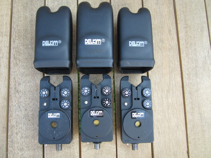 3 x Delkim Bite Alarms. Classic Original. White LEDs. Protective Covers.