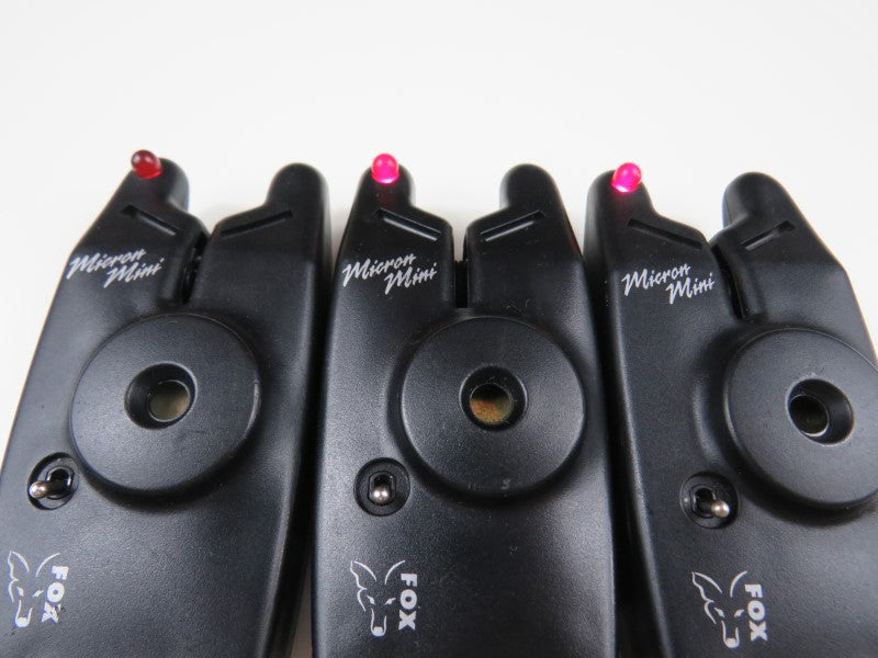 3 x Fox Mini Micron Old School Carp Fishing Bite Alarms. Red LEDs.