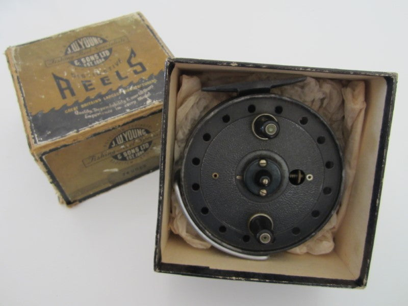 J W Young Trudex Centrepin Vintage Fishing Reel. Boxed.