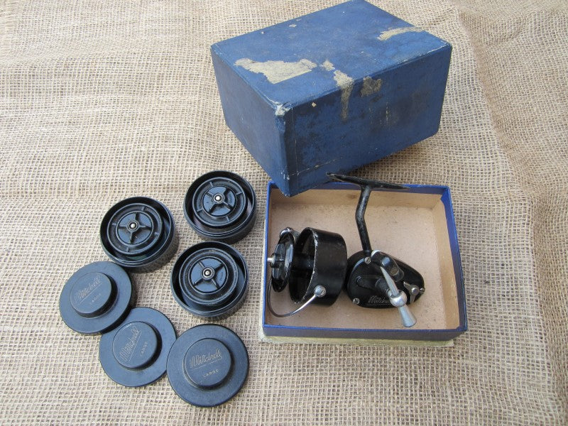 Vintage Mitchell (Pre-300) carp Fishing Reel, With Makers Box And 3 Spare Spools.
