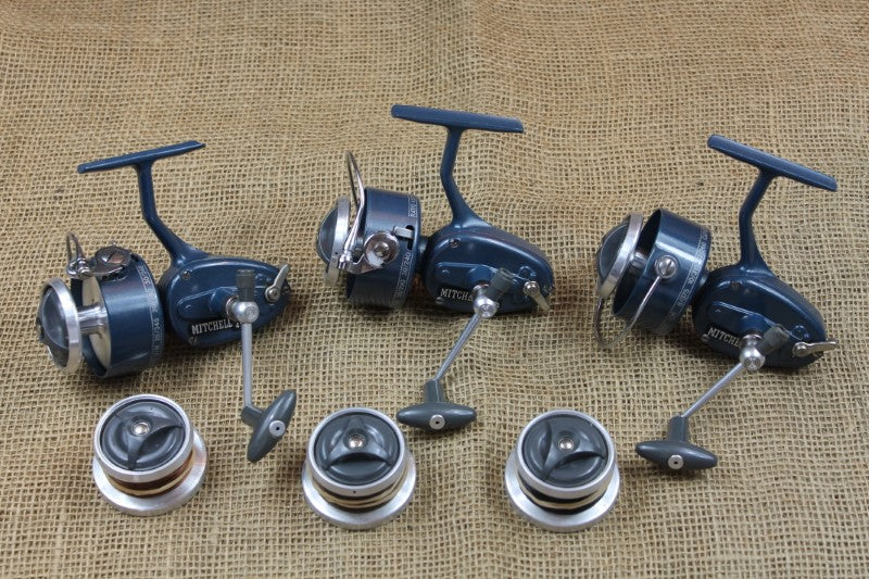 3 x Mitchell 410a Vintage Old School High Speed Carp Fishing Reels, With Alloy Spools And Spare Alloy Spools. 1970-80s.