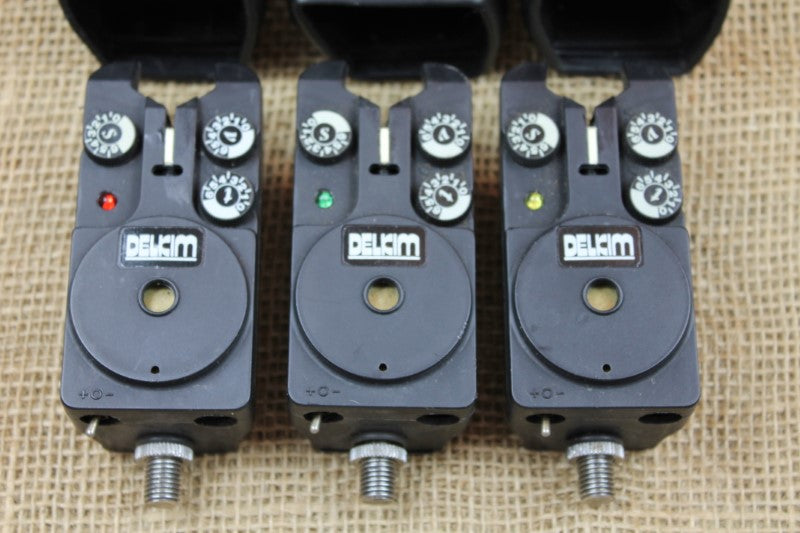 3 x Delkim Bite Alarms. Classic 1st Issue. With Protective Cases. 1990s.